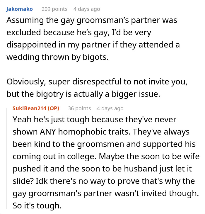 Reddit comments discussing a woman not wanting her fianc&eacute; to attend a friend&rsquo;s wedding without her over possible bigotry.