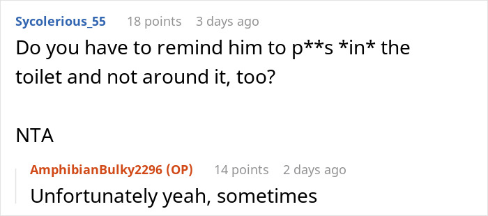 Screenshot of a Reddit conversation about a sick husband who refuses to use a trash can to vomit on the floor. Screenshot of a Reddit conversation about a sick husband who refuses to use a trash can to vomit on the floor.