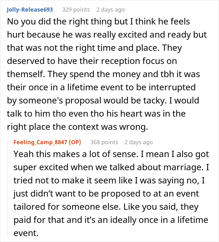 Reddit conversation discussing stopping boyfriend&rsquo;s proposal at best friend&rsquo;s wedding and concerns about timing and respect.