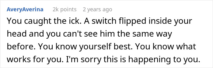 Screenshot of online comment discussing feeling repulsed on first date and its emotional impact on the wife.