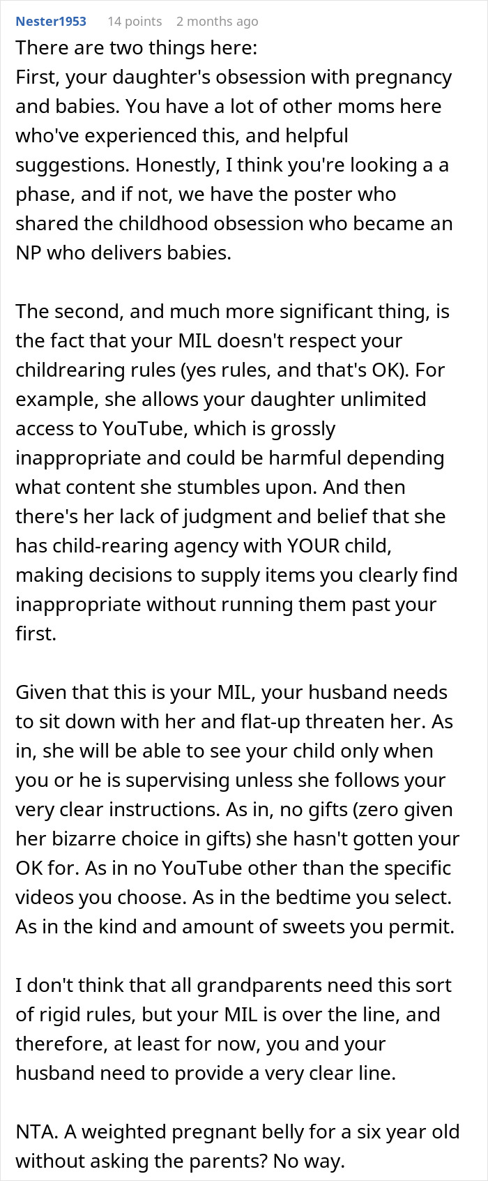 Text post discussing a mom furious over MIL&rsquo;s weird gift to her pregnancy-obsessed 6-year-old child.