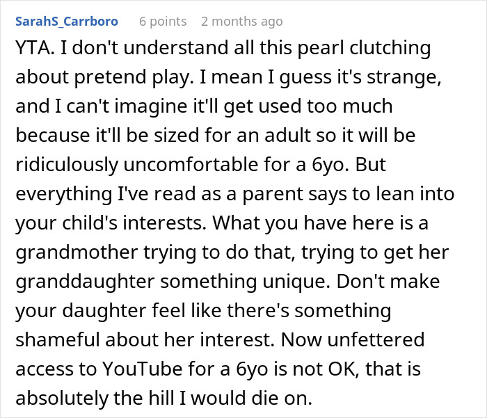 Comment discussing a grandmother&rsquo;s weird gift to a pregnancy-obsessed 6-year-old from a furious mom online.