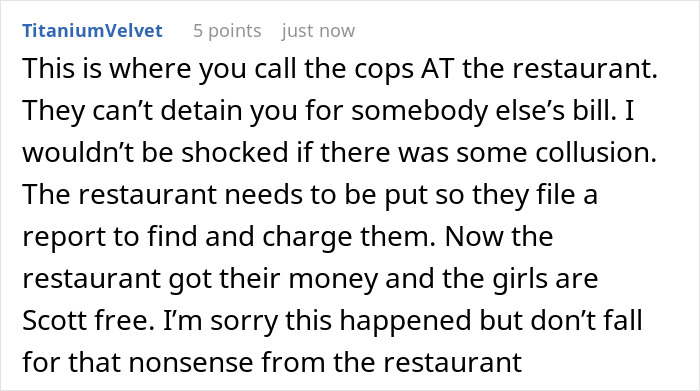 Comment discussing the millionaire deciding to run out before paying the bill and the need for police involvement.