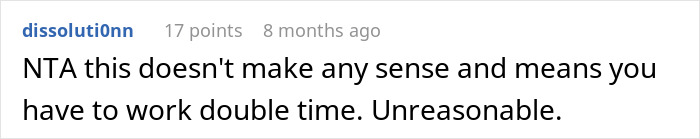 Screenshot of an online conversation where a user disagrees, saying the situation is unreasonable and means working double time.