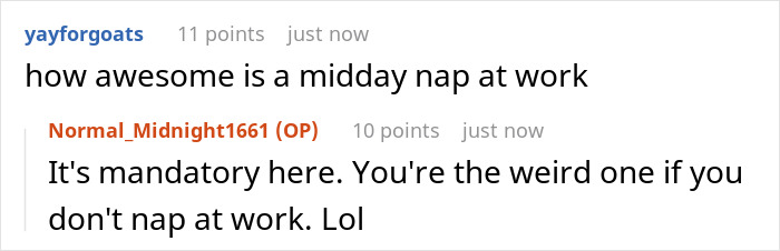 Screenshot of a Reddit conversation about taking midday naps at work with users sharing their opinions on the topic.