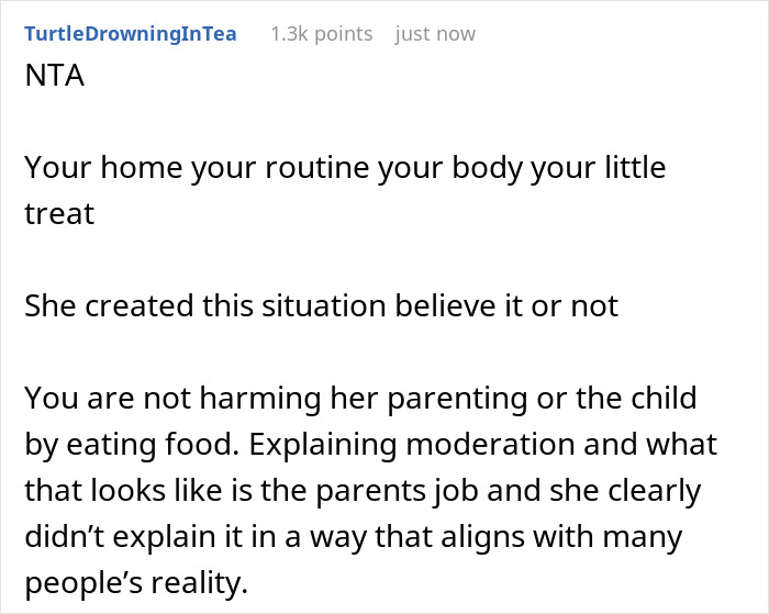 Comment defending mom eating ice cream every night, saying it doesn’t complicate parenting or harm the child. Comment defending mom eating ice cream every night, saying it doesn’t complicate parenting or harm the child.