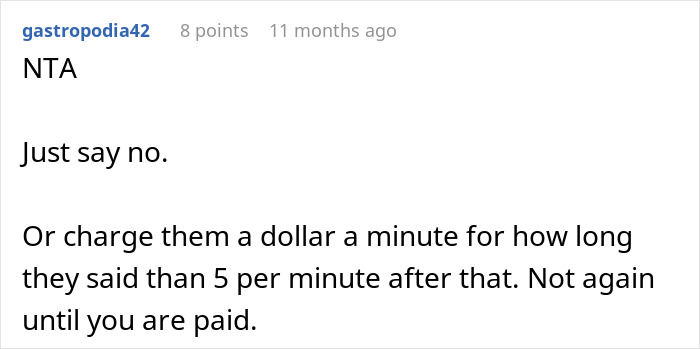 Commenter giving advice on saying no and charging per minute in a family drama involving SIL&rsquo;s irresponsible parenting and police threats.