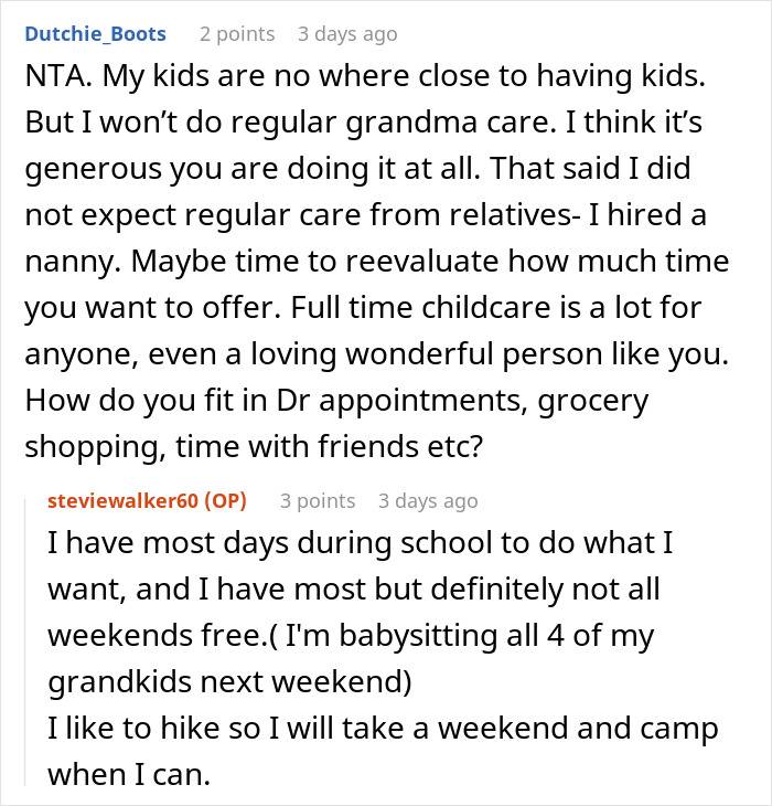 Reddit conversation about a woman upset her mom booked a vacation and won&rsquo;t babysit her two kids.