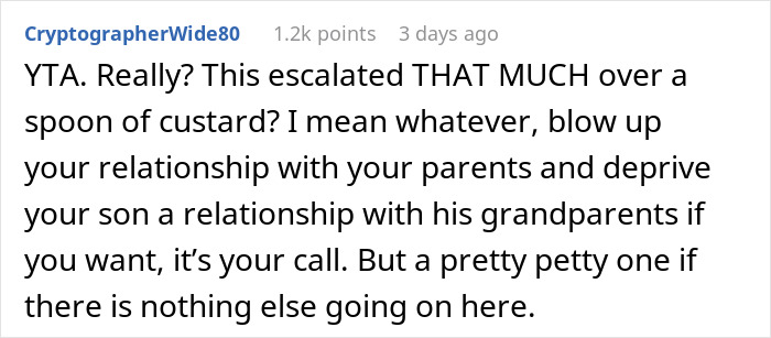 User comment expressing frustration over keeping son away from grandmother after being fed custard, questioning the escalation.