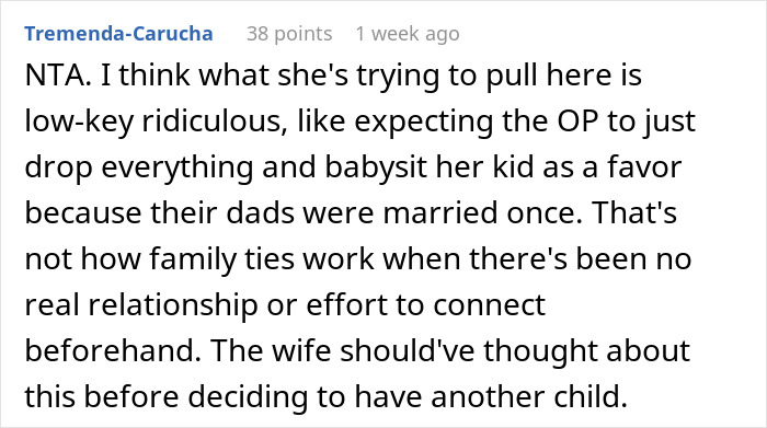 Screenshot of an online forum comment discussing babysitting and family ties involving husband&rsquo;s ex as a babysitter option.