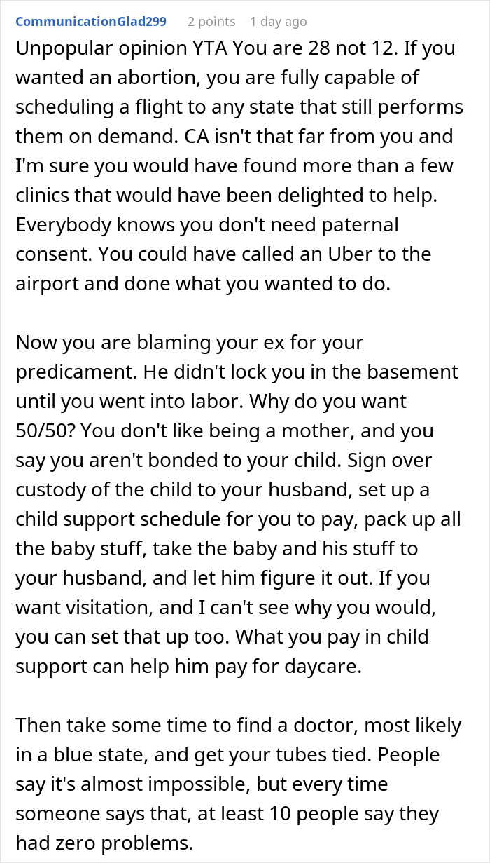 Reddit comment discussing dropping baby off with ex-husband and demanding he take the baby every other week custody schedule.