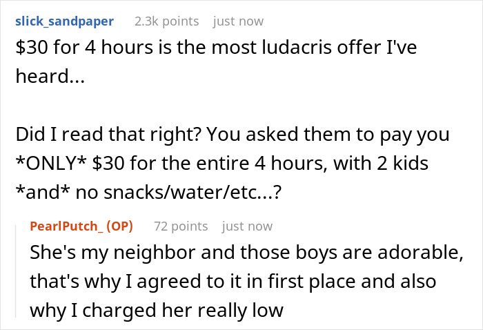 Comments discussing a neighbor demanding low payment for babysitting kids weekly despite having no real responsibilities.