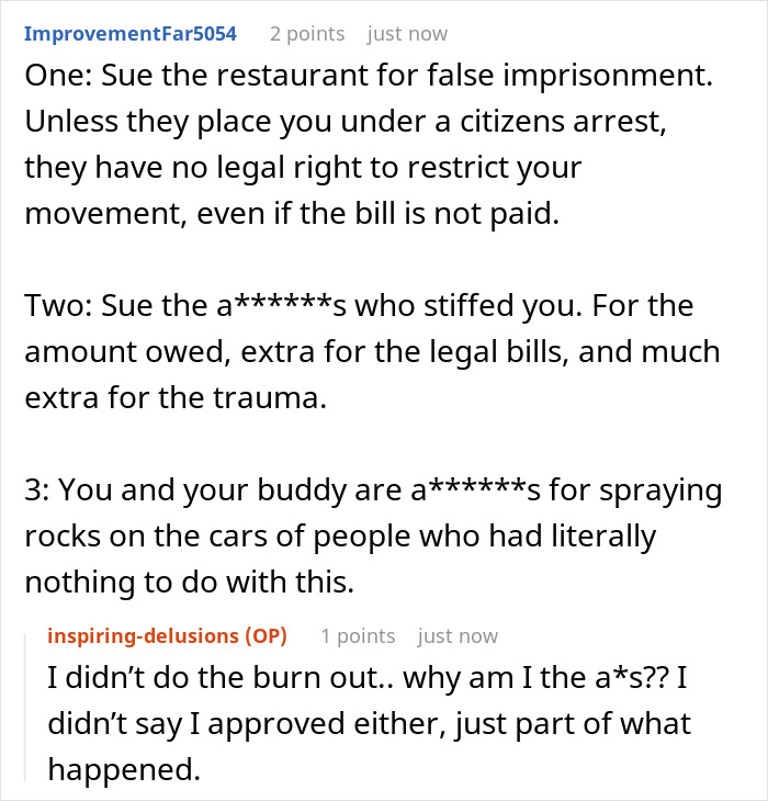 Text comments discussing legal advice and opinions about a millionaire deciding to run out without paying the bill.
