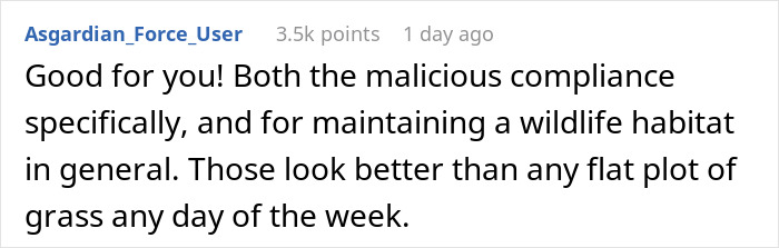 Comment praising the creation of a certified wildlife habitat yard despite complaints about overgrown weeds.
