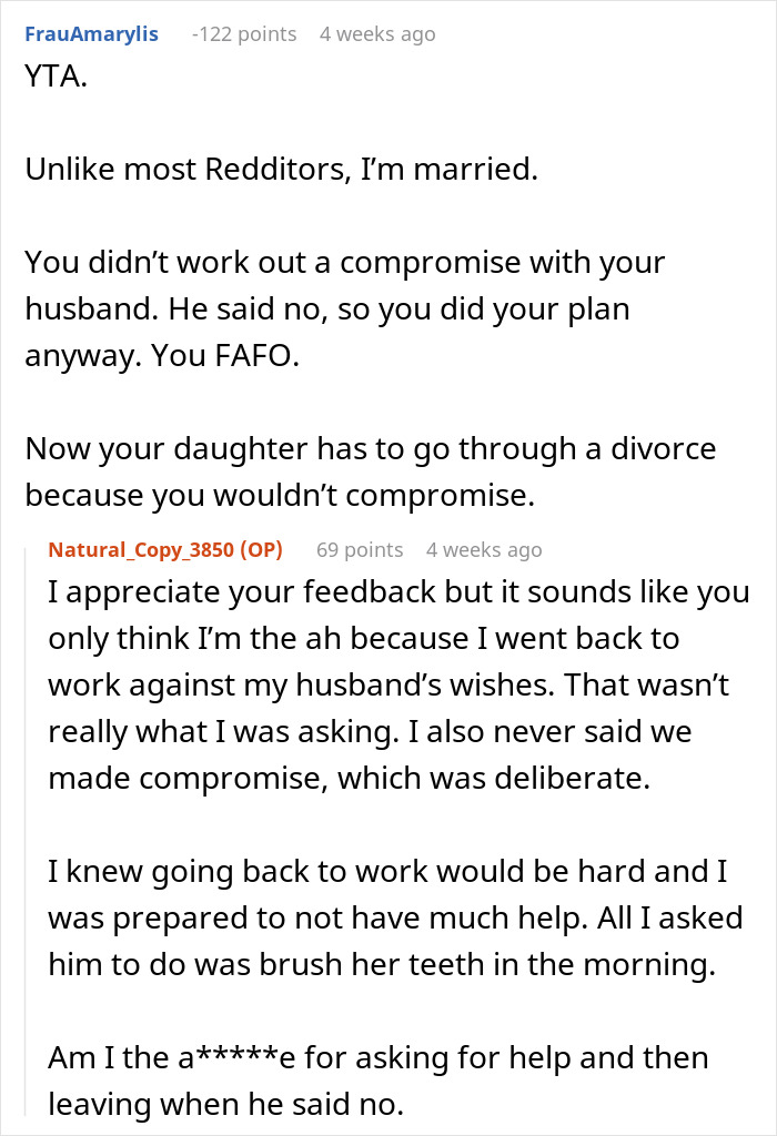 Reddit conversation about a spouse refusing to help with child care, discussing compromise and leaving a husband. Reddit conversation about a spouse refusing to help with child care, discussing compromise and leaving a husband.