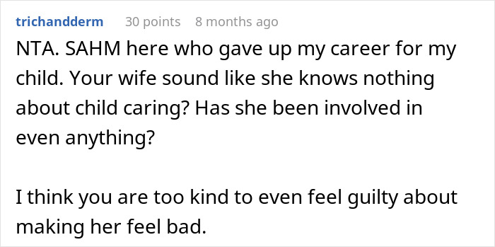Comment on dad wondering if he&rsquo;s a jerk for not joining wife&rsquo;s work trip with kids expressing guilt and parenting views.