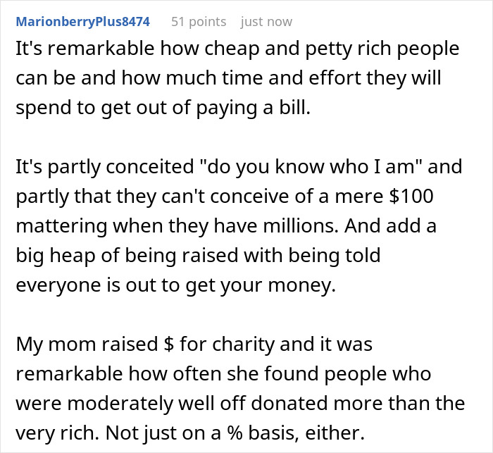 Comment about wealthy people trying to avoid paying bills, highlighting millionaire and entitled behavior.