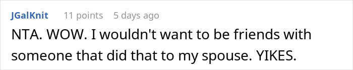 Screenshot of a Reddit comment reacting to a man kicking out wife&rsquo;s best friend over a baby joke.