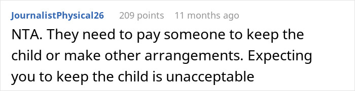 Comment from JournalistPhysical26 expressing that expecting to keep the child is unacceptable due to SIL&rsquo;s irresponsible parenting.