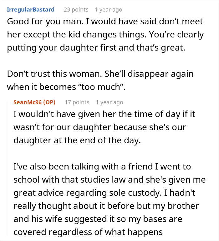 Screenshot of a Reddit conversation about a man raising a newborn alone and dealing with his ex reappearing years later.