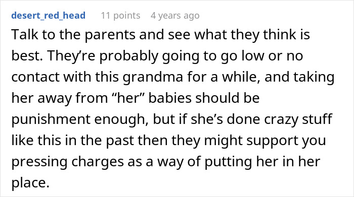 Text comment discussing grandma&rsquo;s reaction and consequences after babysitter dyes girls&rsquo; hair pink.