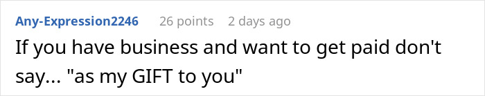 Social media comment warning about cousin offering wedding photography as a gift, then sending a $3,000 bill.