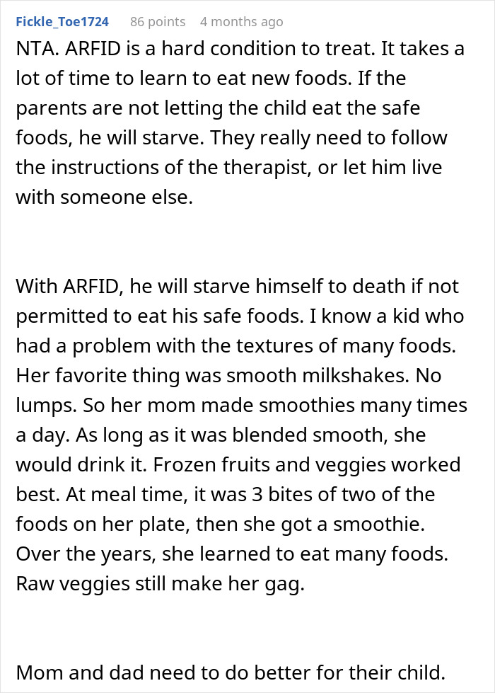 Comment discussing ARFID, child starvation risks, and parents needing to follow therapist instructions or seek help.