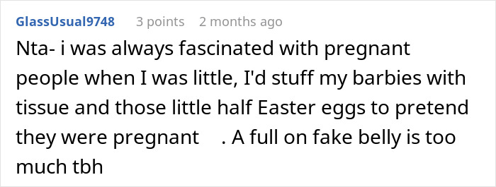 Screenshot of an online comment where a user shares a story about a pregnancy-obsessed 6-year-old and a weird gift from MIL.