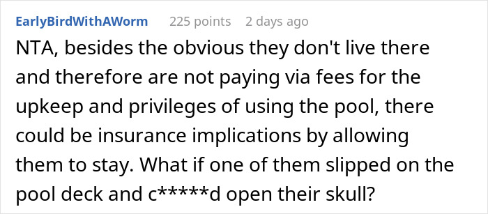 Comment discussing non-resident family not allowed to use condo pool due to fees and insurance risks.