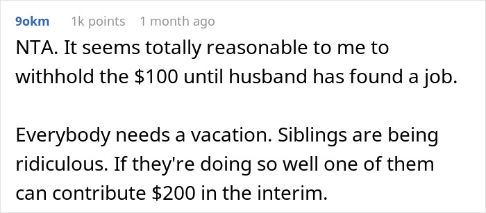 Comment discussing wife refusing to support husband&rsquo;s mom after job loss, with family calling her selfish and siblings criticized.