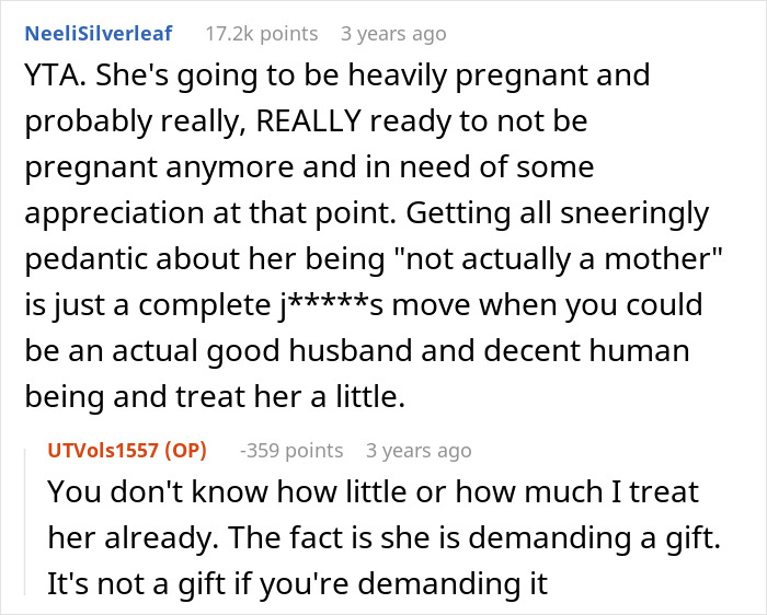Reddit comment discussing a man refusing to acknowledge his pregnant wife as a mom or get a Mother&rsquo;s Day gift.