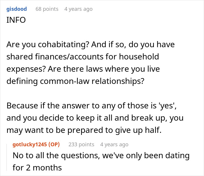 Online discussion about woman winning $300k Jaguar and boyfriend of 2 months claiming shared ownership rights.