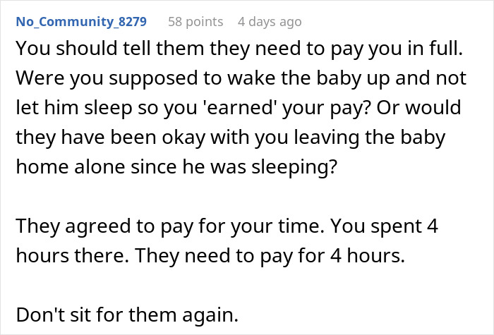 Comment advising babysitter should be paid in full despite baby falling asleep during the job, emphasizing fairness in babysitter payment.