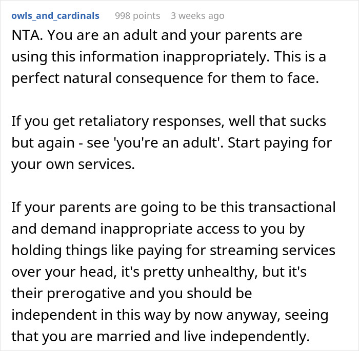 Reddit comment discussing removing phone tracking by parents who misuse location access, highlighting adult independence and privacy.