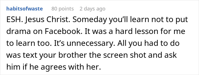 Reddit comment discussing consequences of posting screenshots of SIL&rsquo;s texts online and making her look bad.