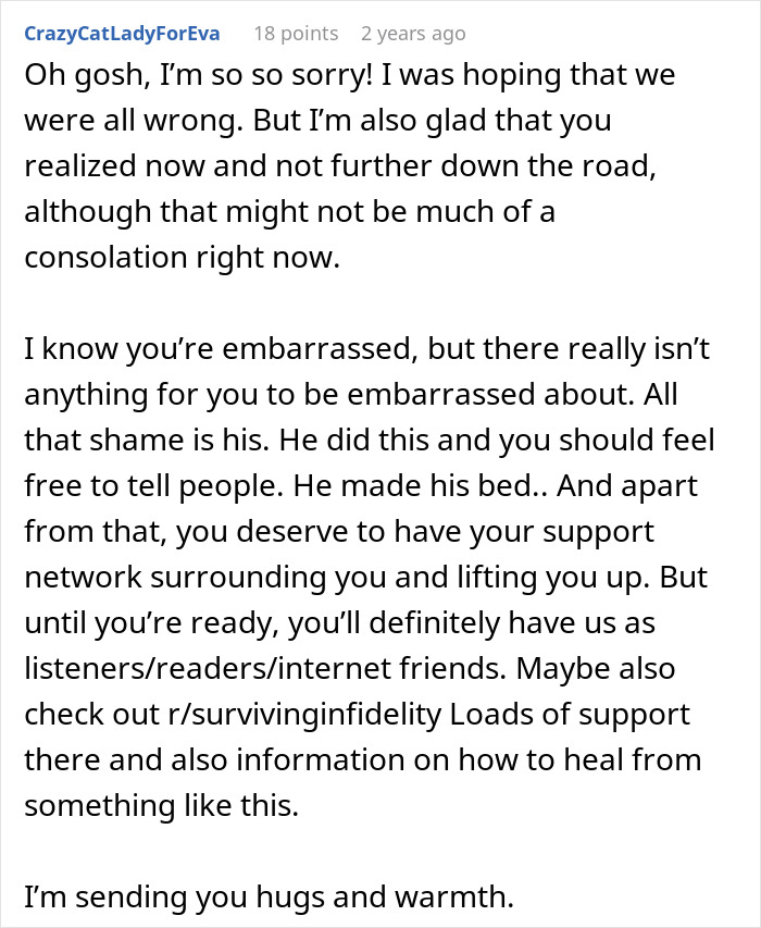 Comment expressing support and advice for healing after betrayal by a jealous husband at their wedding.