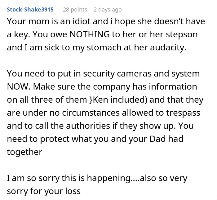 Comment with advice on securing dad&rsquo;s cabin and refusing stepbrother&rsquo;s claim, showing family conflict and property protection.