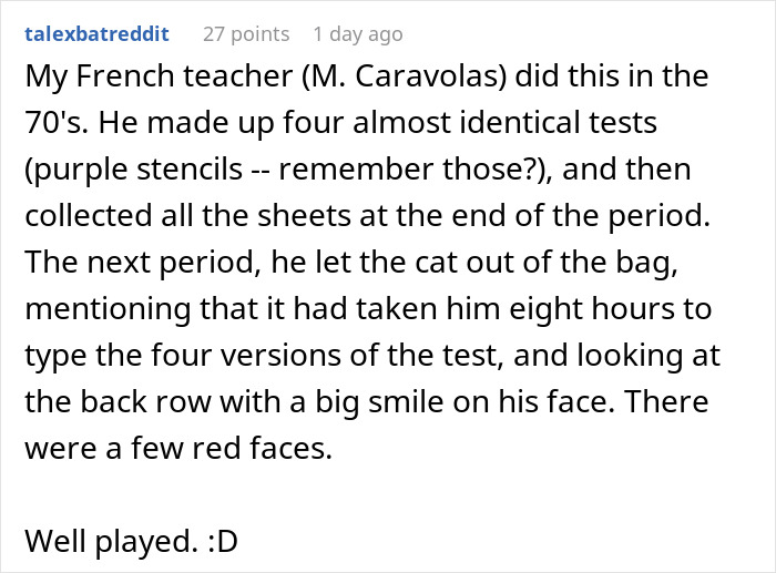 Teacher catches cheaters by handing out multiple quiz versions, ensuring academic honesty and test integrity in classrooms.
