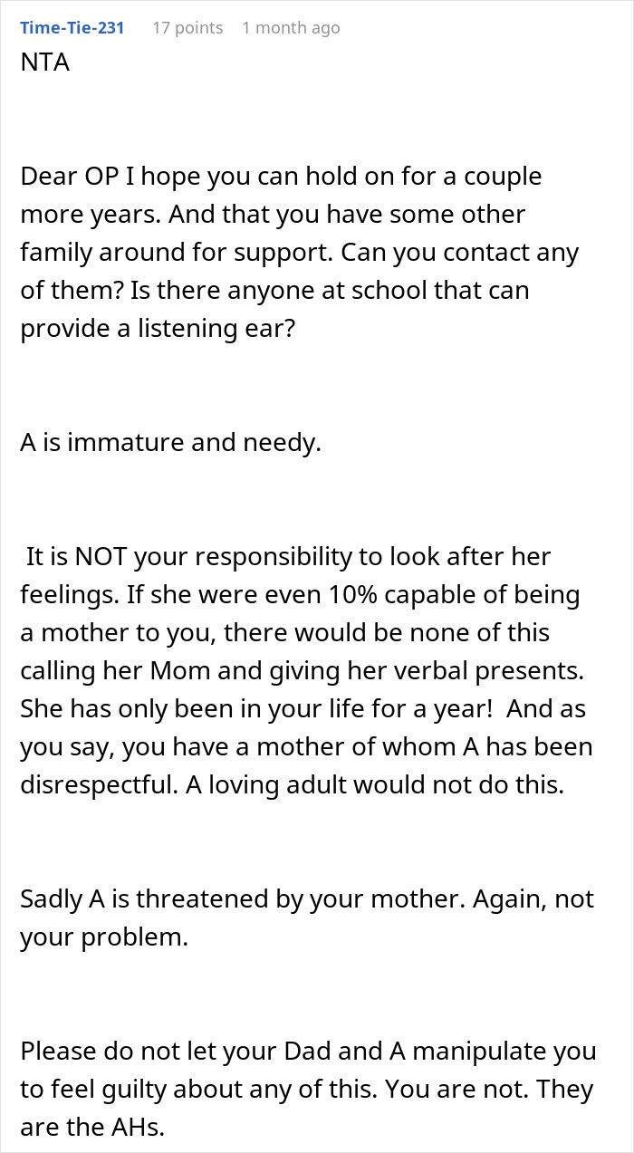 Comment advising a teen refusing to be a birthday gift for stepmother, emphasizing support and boundaries with stepfamily.