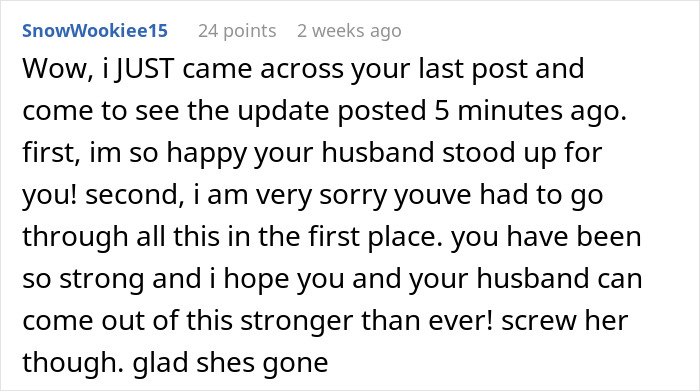 Comment from SnowWookiee15 expressing support for a husband&rsquo;s childhood best friend favor and overcoming humiliation.
