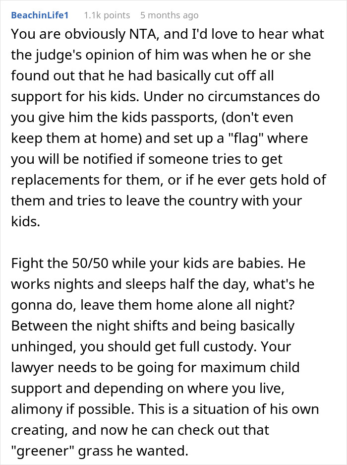 Reddit comment advising a post-partum wife on child custody and support after divorce and parental challenges. Reddit comment advising a post-partum wife on child custody and support after divorce and parental challenges.
