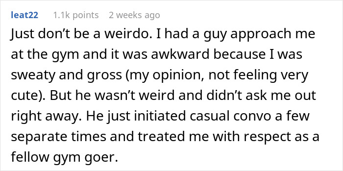 Comment about guy watching gym flirting going badly, highlighting why women dislike awkward gym approaches and respecting boundaries.
