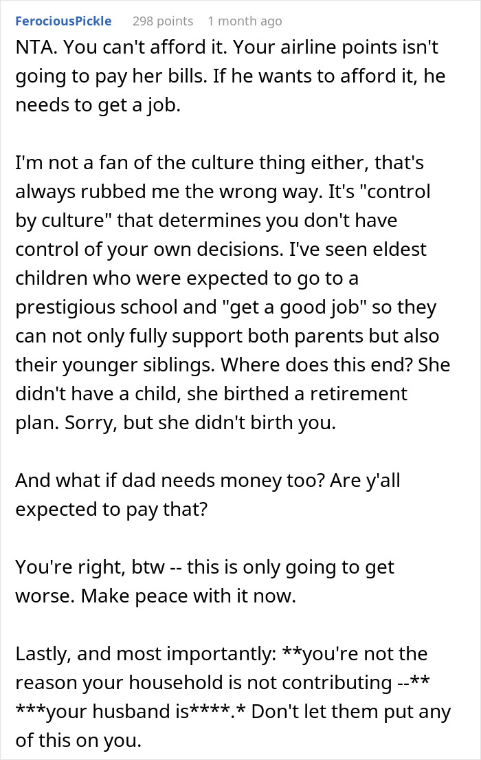 Reddit comment discussing wife refusing to support husband&rsquo;s mom after job loss, calling her selfish by family members.