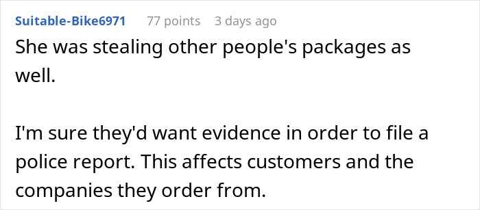 Comment discussing package theft affecting customers and companies, highlighting neighbor stealing packages repeatedly.