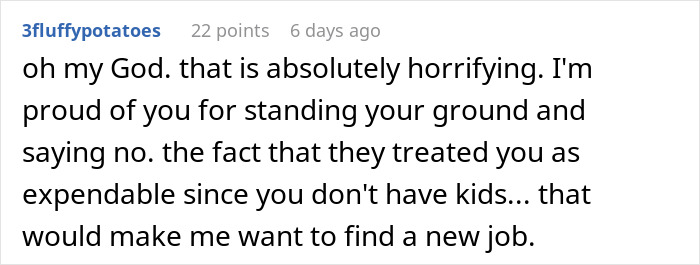 User comment discussing being treated as expendable and nominated for extra risky work due to not having kids.