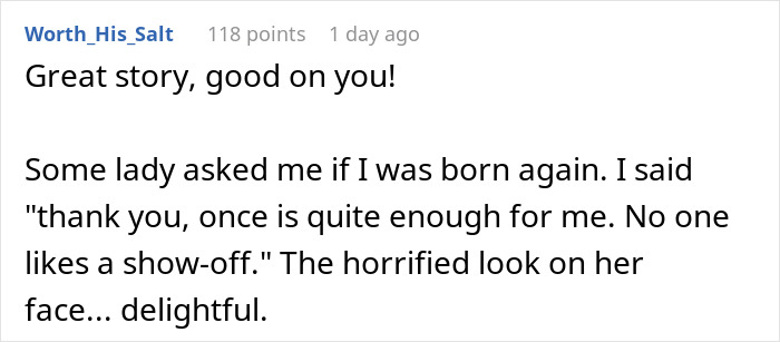 Comment about woman using HR’s rule on religious symbols to challenge a Karen, praising her response and story. Comment about woman using HR’s rule on religious symbols to challenge a Karen, praising her response and story.