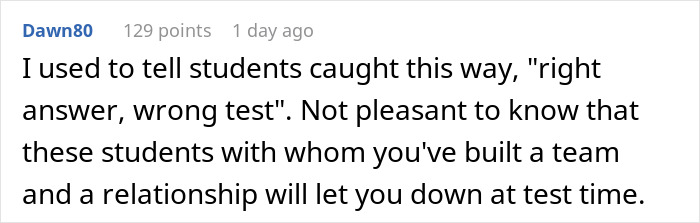 Screenshot of an online comment discussing students caught cheating using multiple quiz versions during a test session.