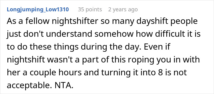 Comment from night shift worker explaining why refusing to babysit roommate&rsquo;s kid after night shift is justified.