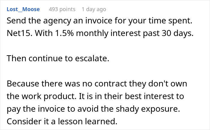 Screenshot of a Reddit comment advising to invoice an agency for interview task time to avoid unpaid work. Screenshot of a Reddit comment advising to invoice an agency for interview task time to avoid unpaid work.
