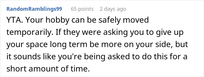 Reddit comment discussing a guy prioritizing his miniature wargaming studio over family temporarily.